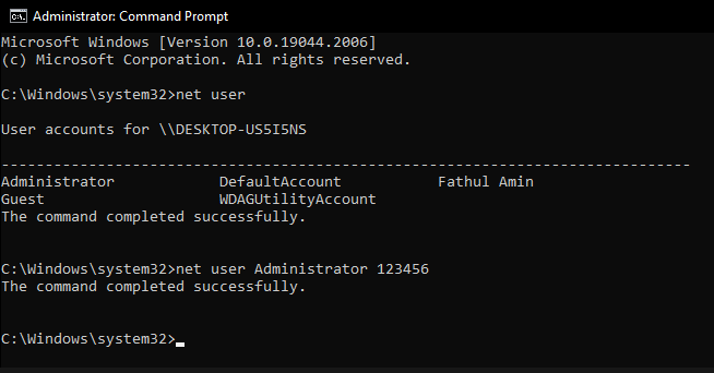 net user command to reset Windows account password