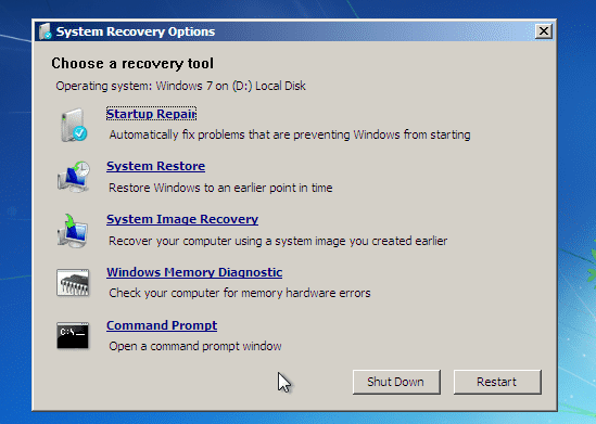System Recovery Options for Windows