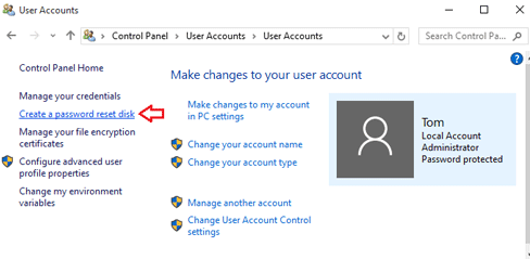 Create a password reset disk in Windows