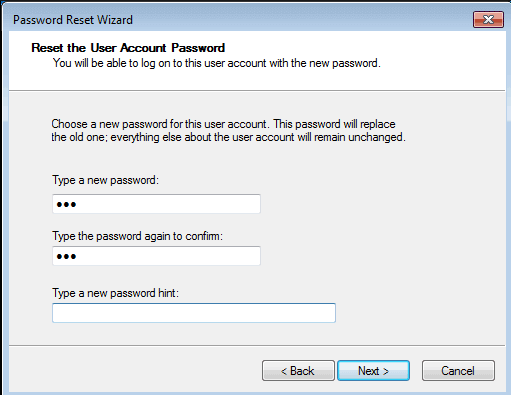 reset the user account password with password reset disk