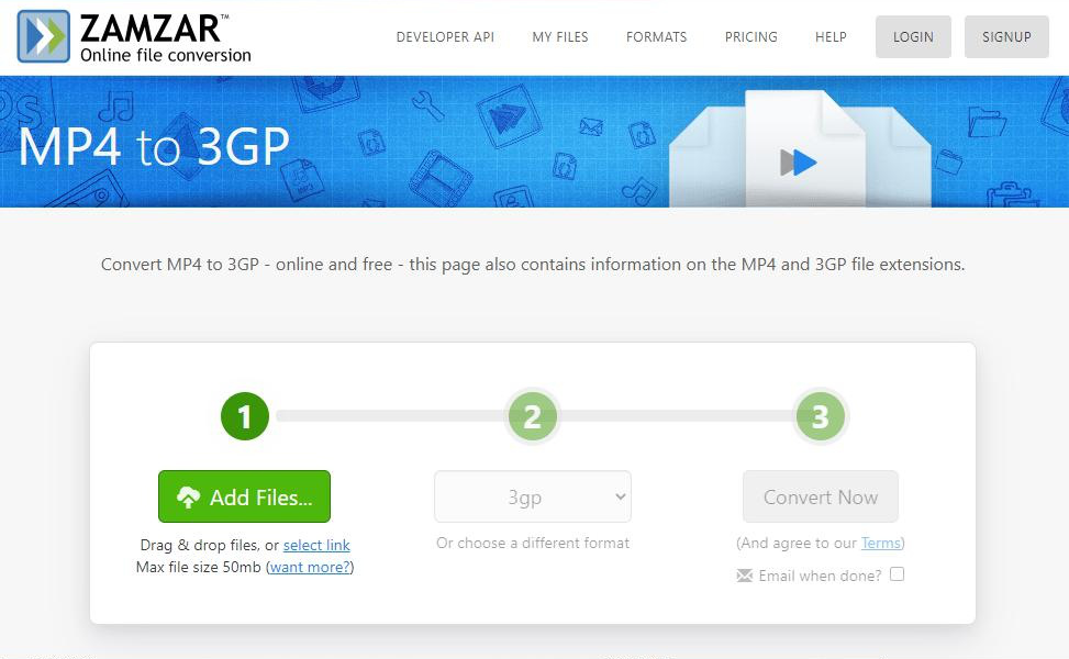 ZAMZAR Oline file conversion online mp4 to 3gp format conversion tool