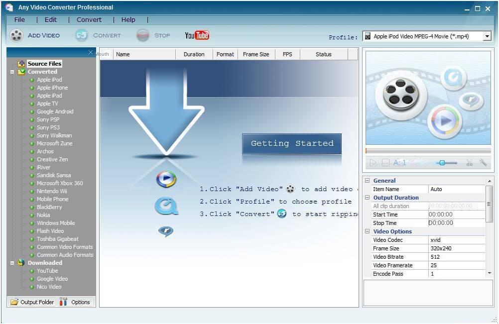 Any Video Converter Professional software operation interface