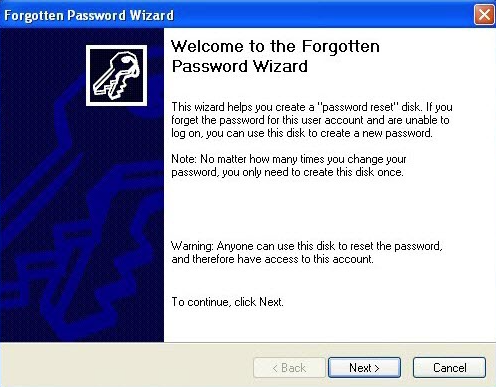 windows XP Password Reset Disk wizard