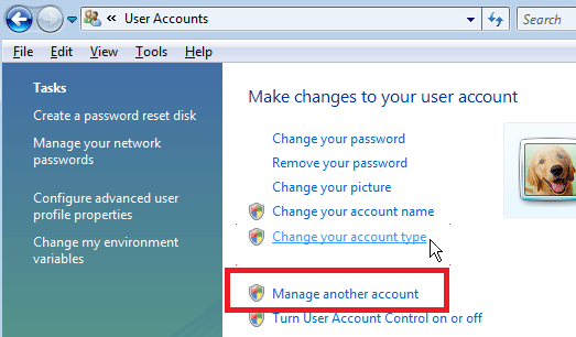 windows vista Manage another account