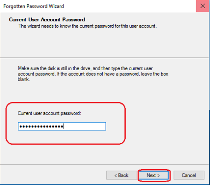 enter current account password while creating password reset disk