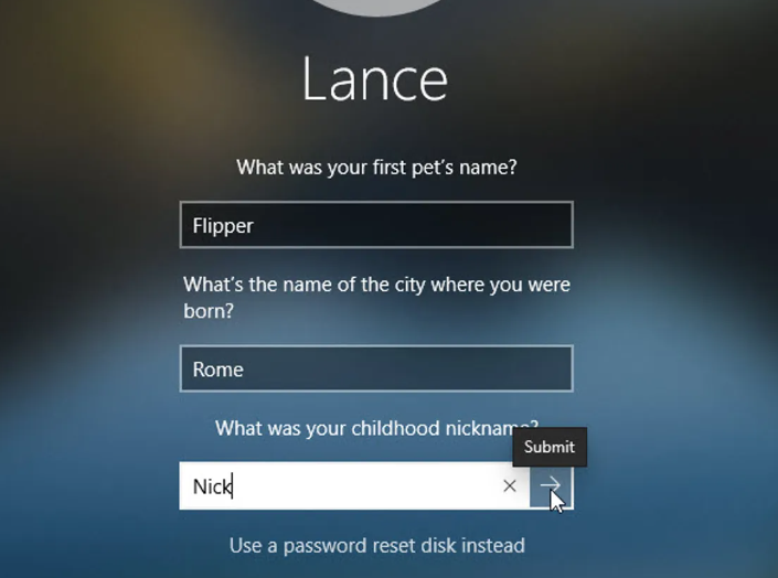 Ask questions predefined to reset Windows 11 login password