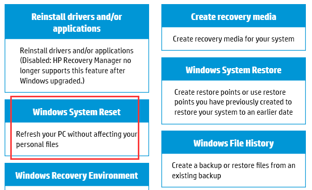 HP Recovery Manager system reset