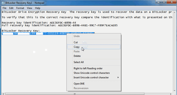 copy the bitlocker recovery key