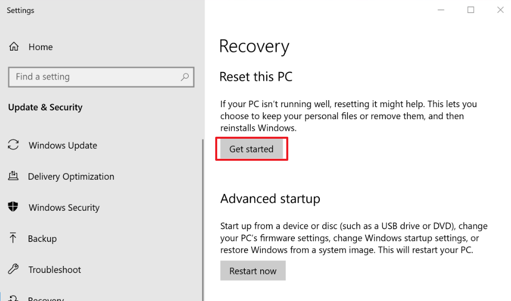 get started reset the pc
