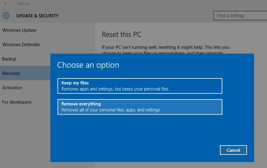 reset this pc choose an option