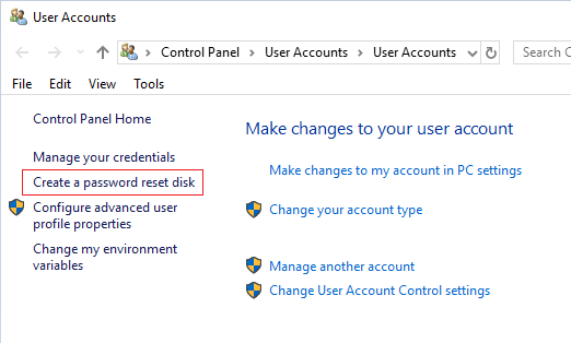 click Create a password reset disk option