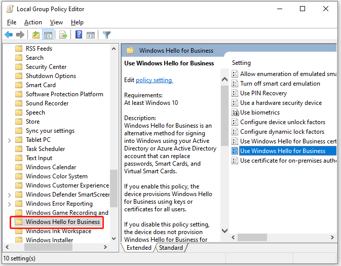 Local Group Policy Editor window Windows Hello for Business