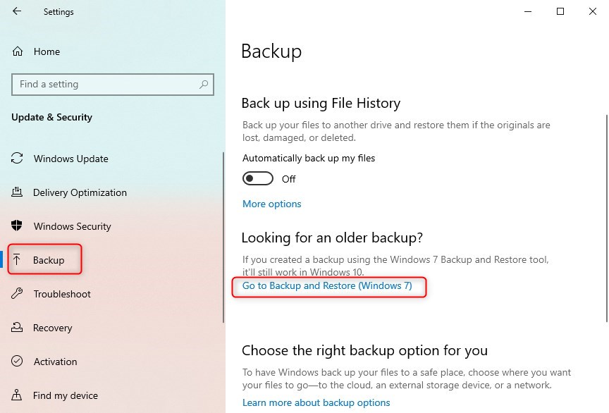 Go to Backup and Restore (Windows 7)