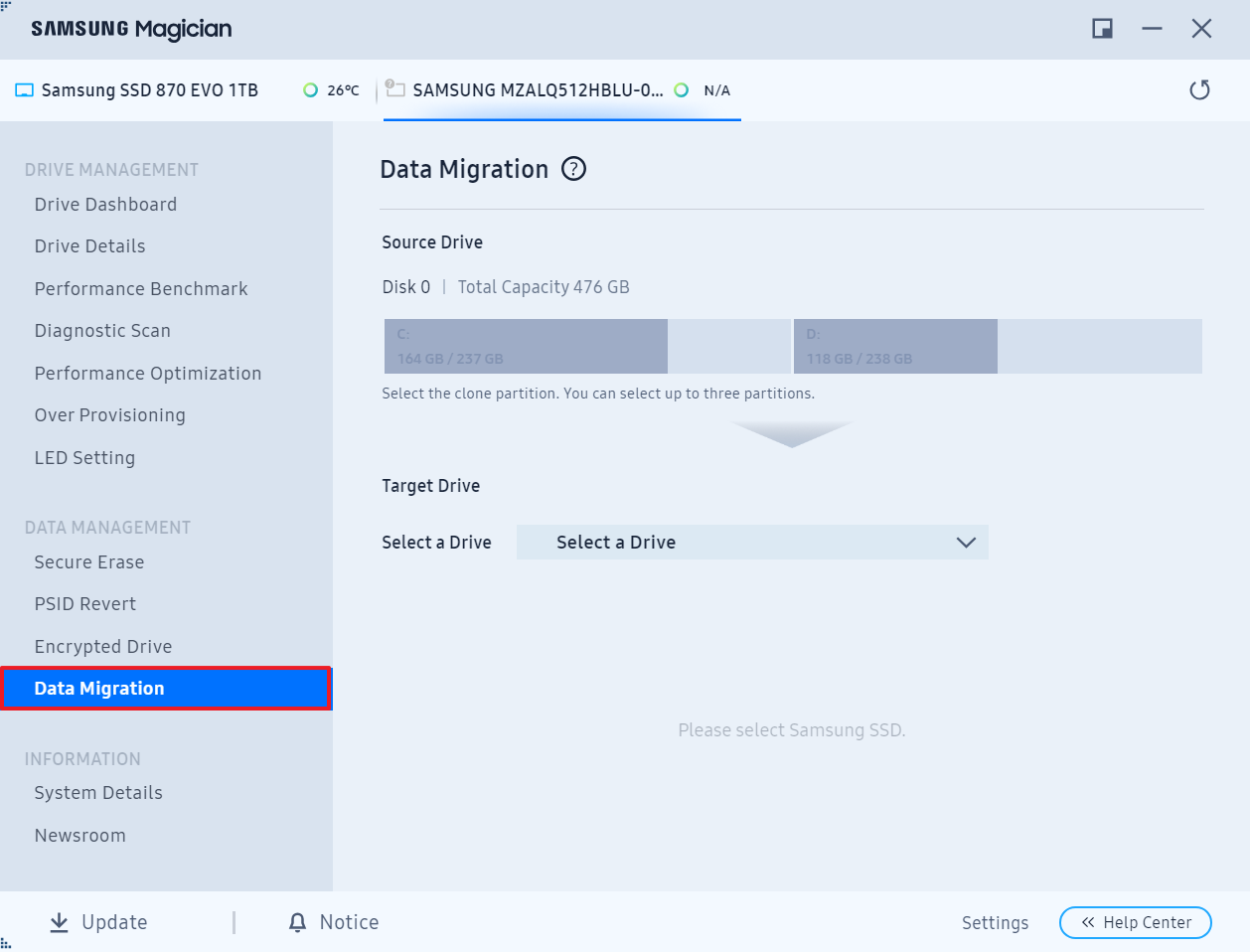 Launch Samsung Magician and click Data Migration