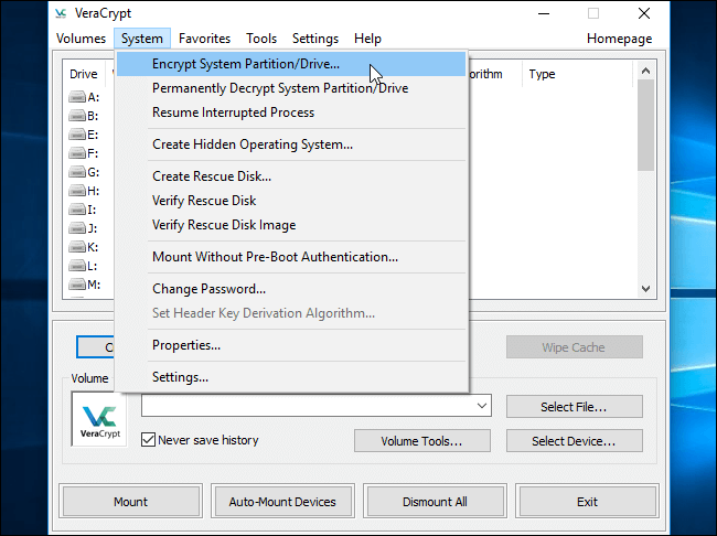 select encrypt system partition in veracrypt