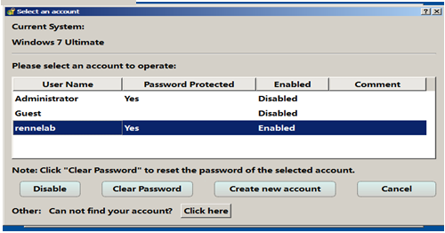 reset the password for selected account