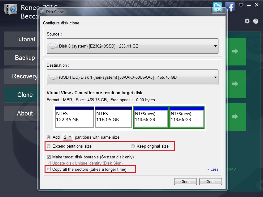 disk clone extend settings