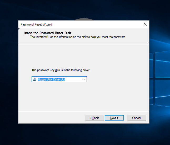 select password reset disk in pop up window