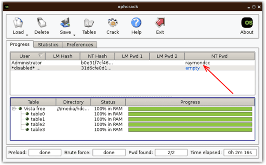 Ophcrack crack account password