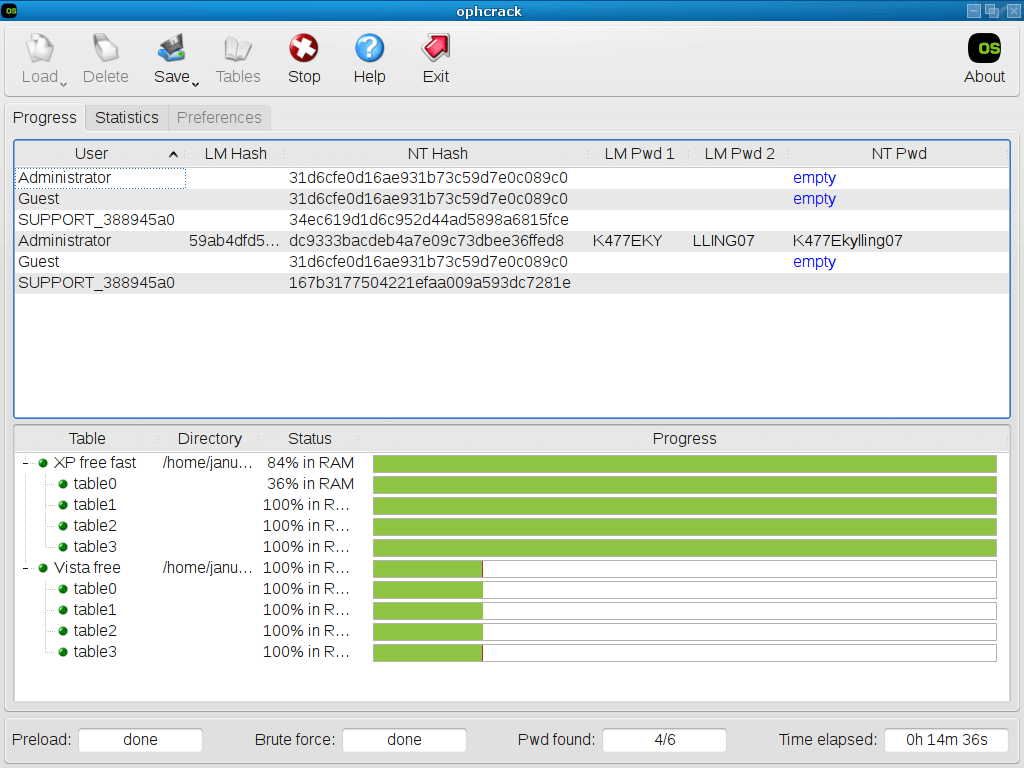 cracking password ophcrack