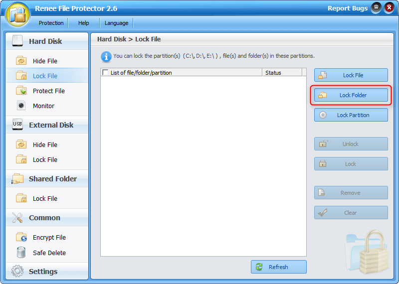 lock folder function in hard disk