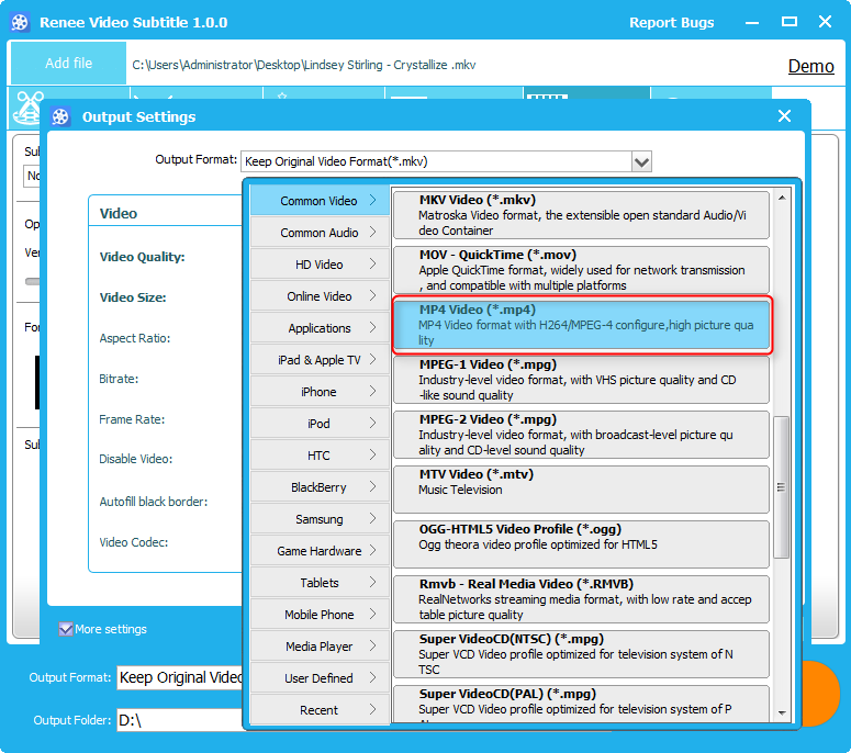 select MP4 output format