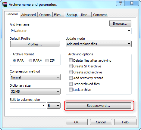 how to use winrar set password for compressed folder