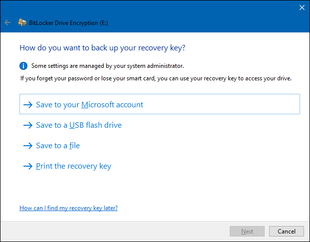 select a method to save the bitlocker password