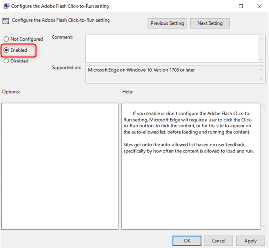 enable adobe and save settings