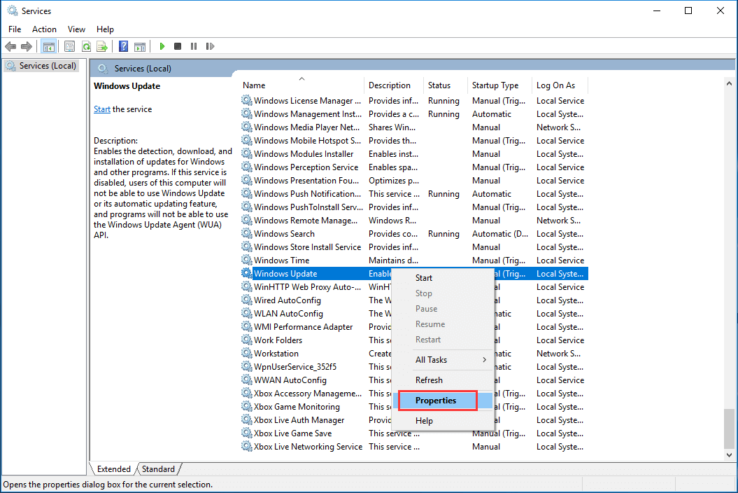 select properties in windows update service