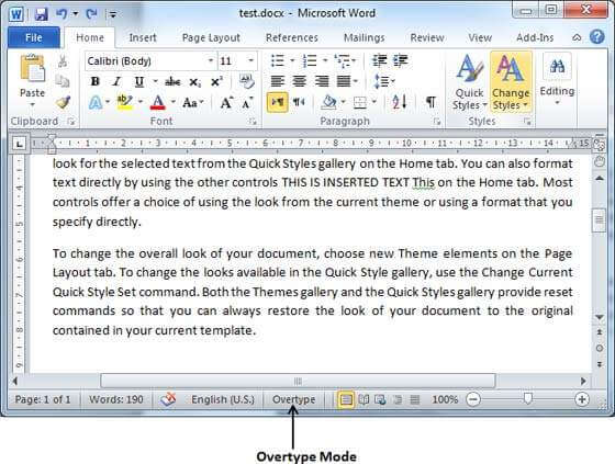 turn off overtype mode in Word