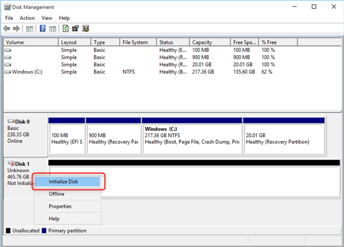 how to initialize disk on windows