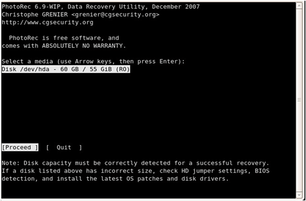 select disk in photorec