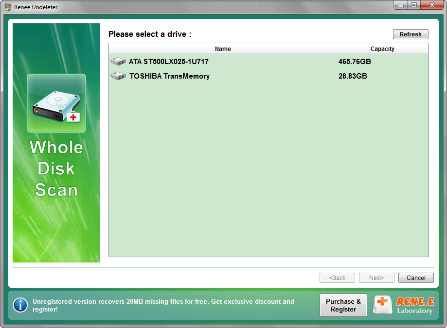 select target disk in whole disk scan in renee undeleter
