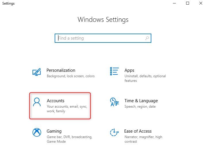 accounts in Windows settings