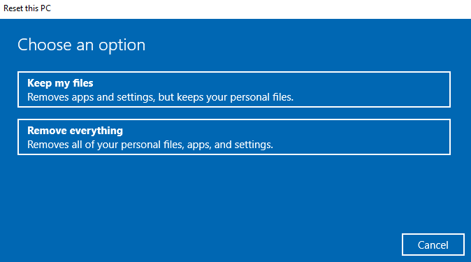 Reset the PC in Windows 10