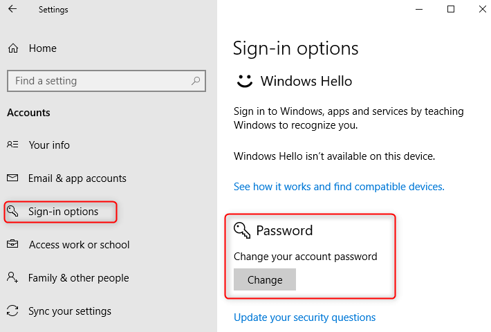 change password and set the screen lock password on windows 10