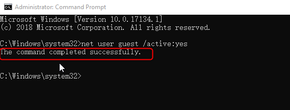 enable guest account with Command Prompt