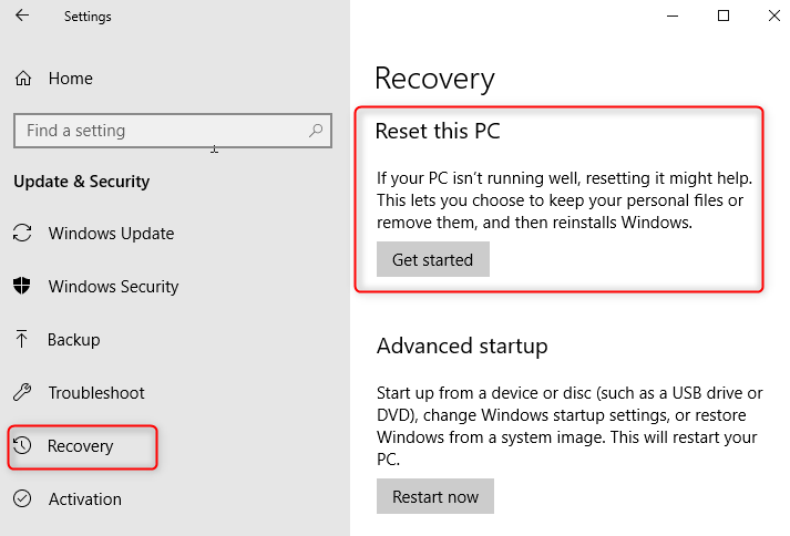 Reset to format PC or nec laptop in Windows 10