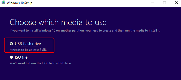 Bootable media USB drive in Windows 10