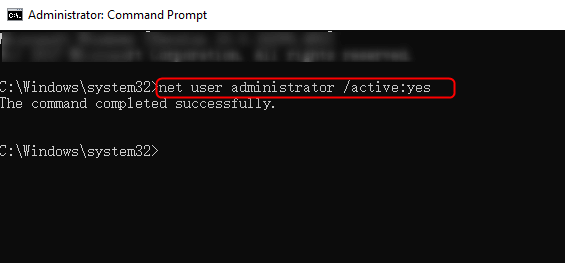 enable administrator account with command prompt