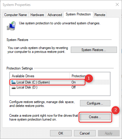 select disk and create restore point