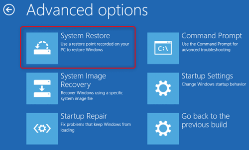 select system restore in windows system to fix windows 10 error