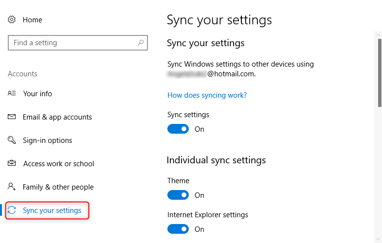 Windows 10 sync your settings