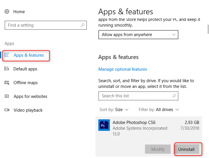 uninstall software in Windows 10