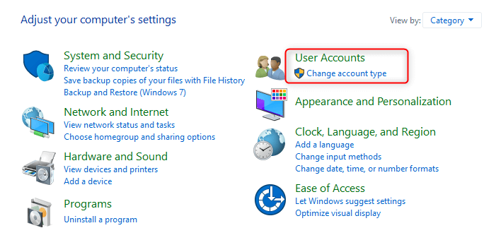 change account type windows 10