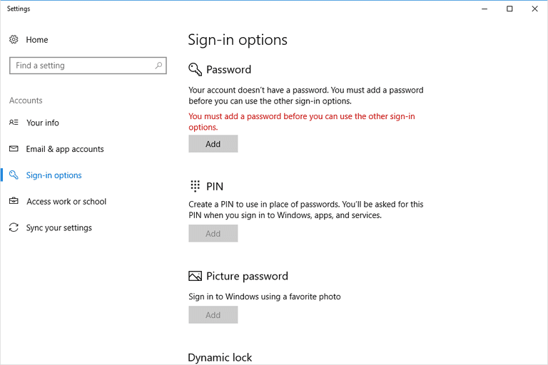 add password in Windows 10
