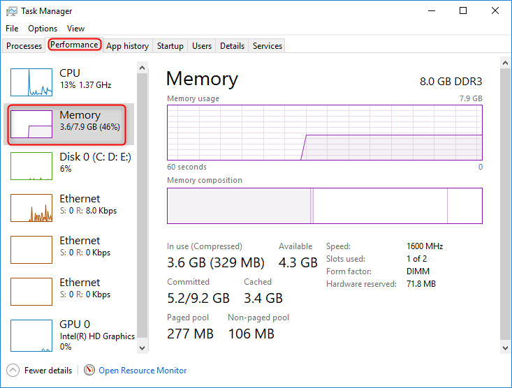 check for memory on Windows 10
