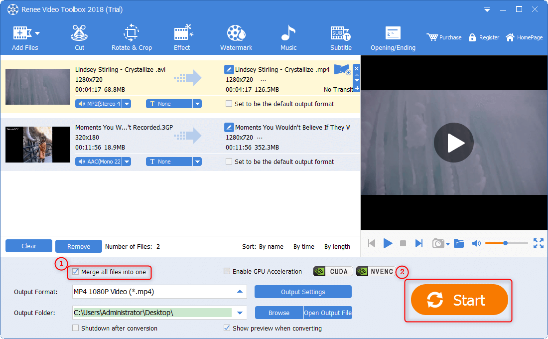 combine videos into one and output