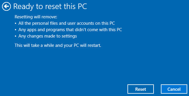 confirm to reset this PC